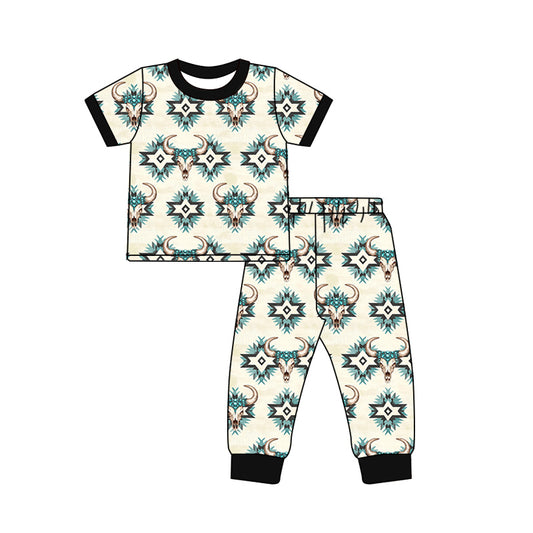 NO MOQ sales BSPO0574 Pre-order baby boy clothes geometric cow head short sleeve pants sets -2025.5.21