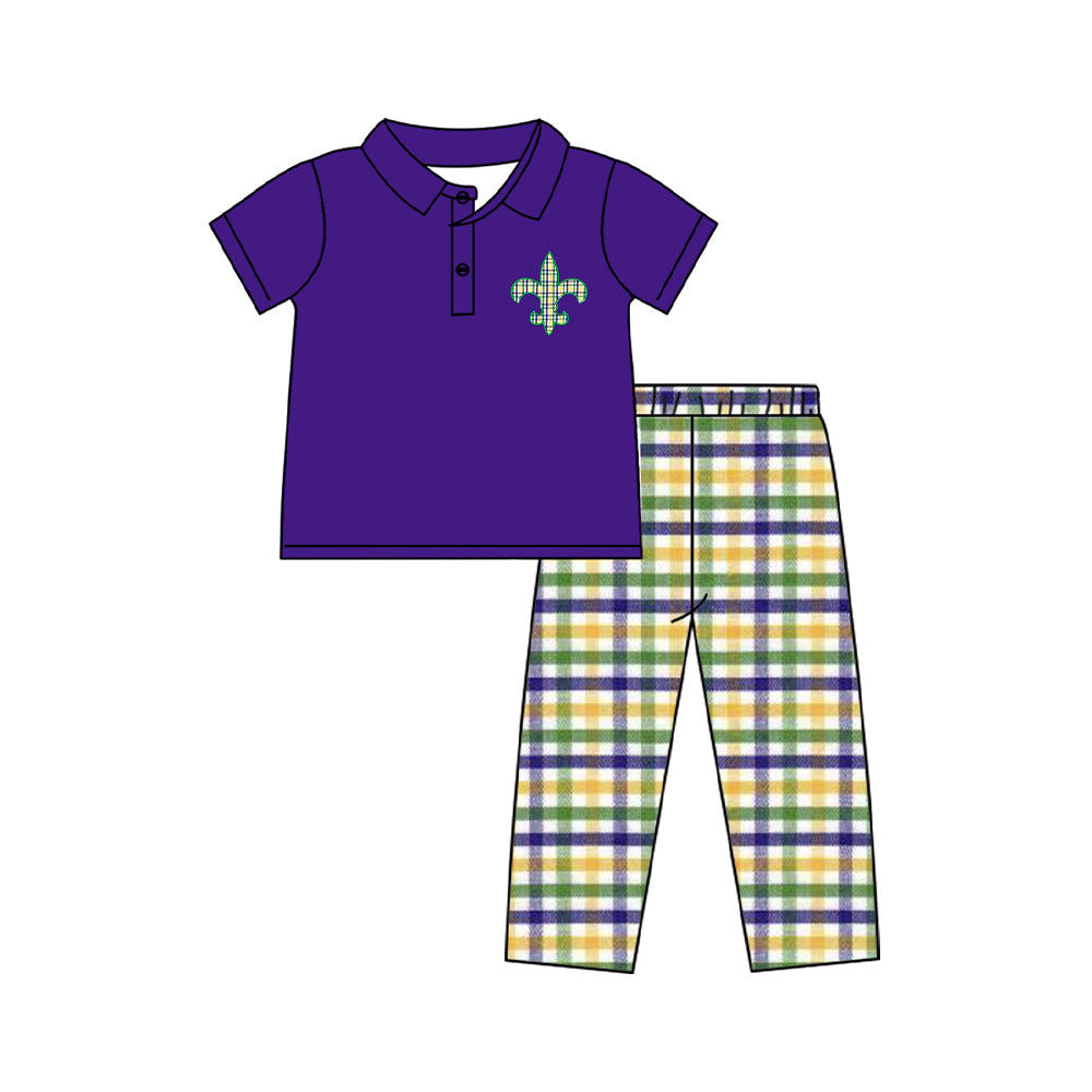 (Pre Order) No moq BSPO0594 Pre-order baby boy clothes mardi gras purple short sleeve pants sets -2025.9.25