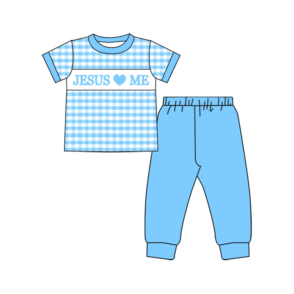(Pre Order) No moq BSPO0600 Pre-order baby boy clothes JESUS love ME blue short sleeve pants sets -2025.9.26