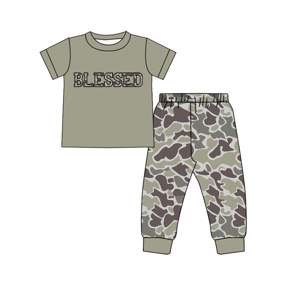(Pre Order) No moq BSPO0605 Pre-order baby boy clothes BLESSED camouflage short sleeve pants sets -2025.10.1
