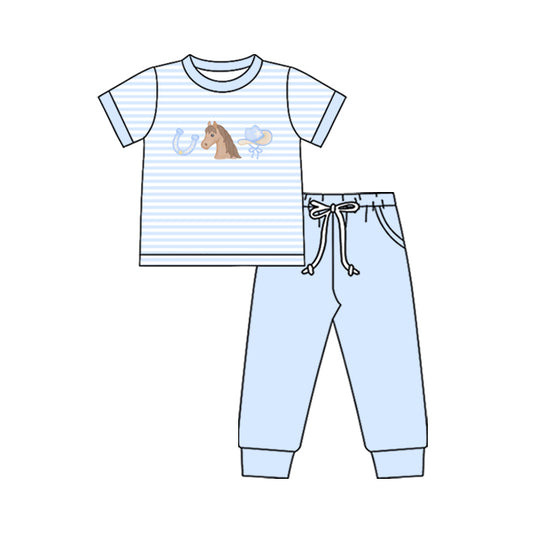 (Pre Order) No moq BSPO0643 Pre-order baby boy clothes horse hat blue short sleeve pants sets-2025.11.18