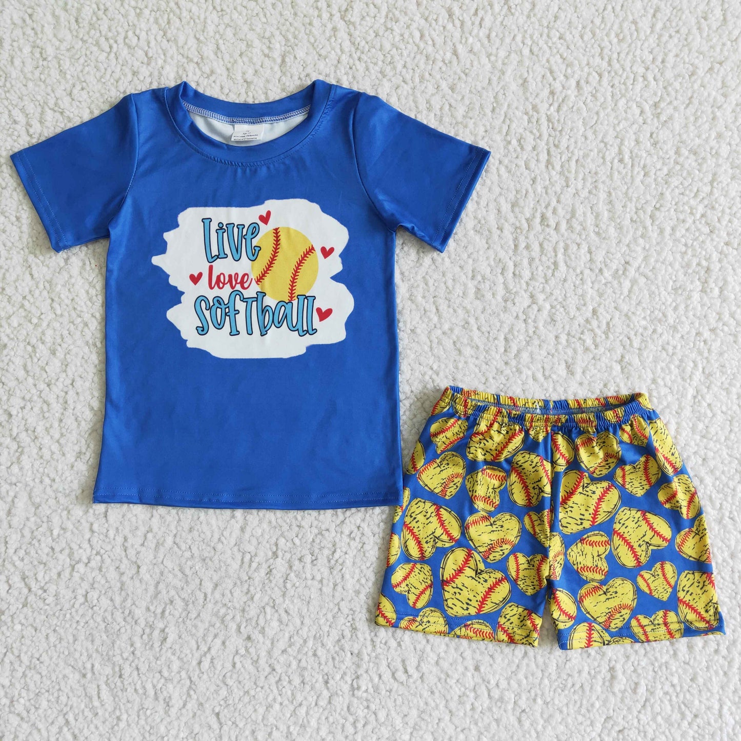 BSSO0020 Boys Blue Baseball Heart Yellow Short Sleeve Shorts Set