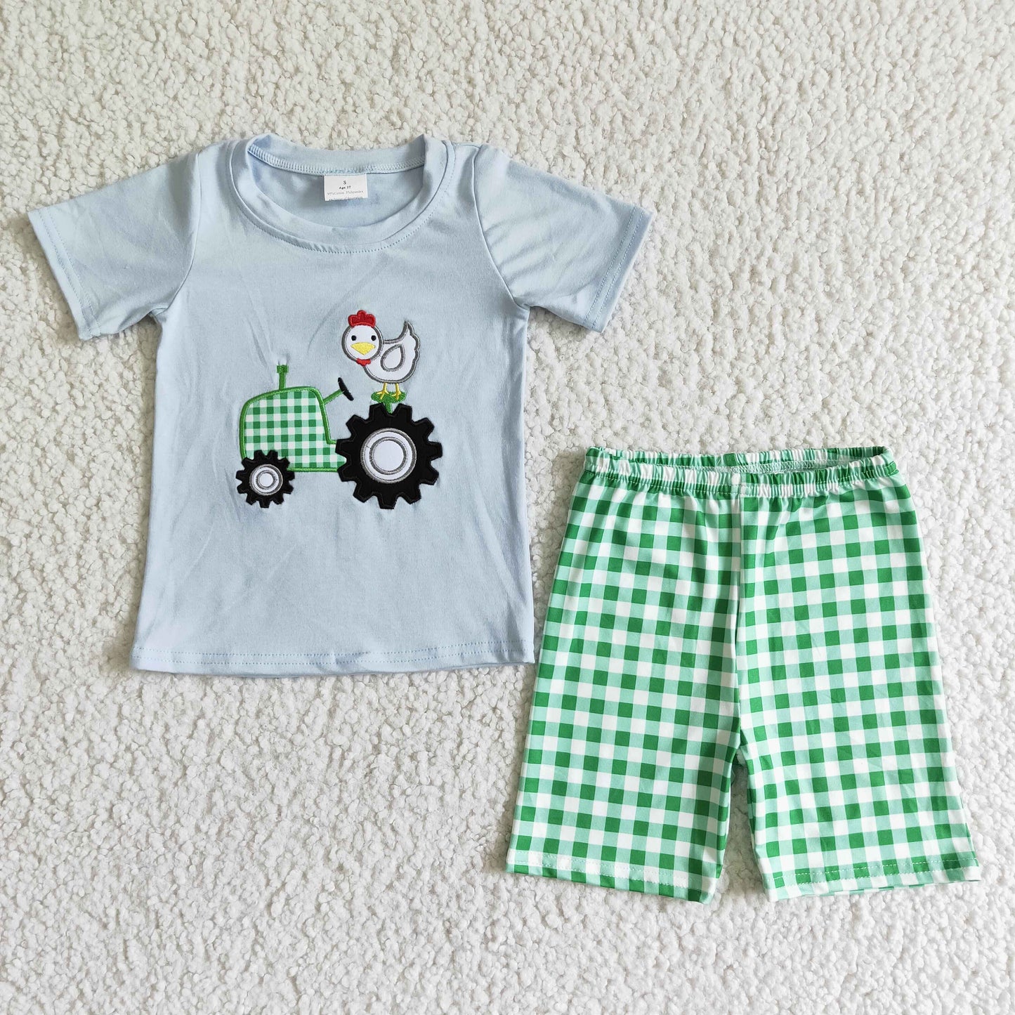rts no moq BSSO0031 Boys Blue Embroidered Car Chick Short Sleeve Green Plaid Shorts Suit