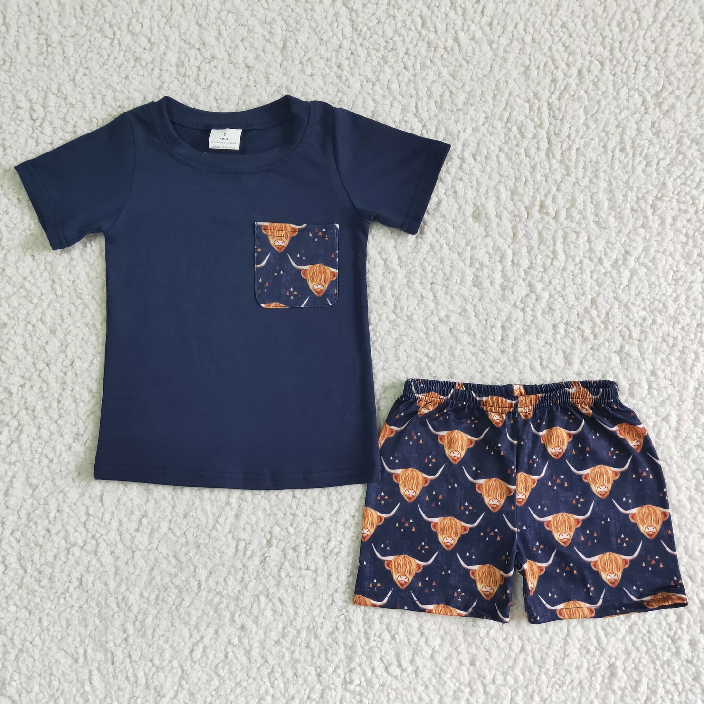 rts no moq BSSO0035 Boys Navy Pocket Short Sleeve Alpine Cow Shorts Suit