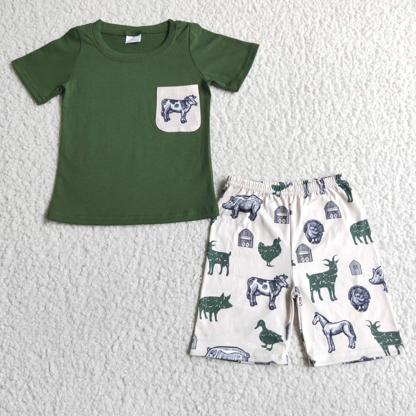 RTS NO MOQ ETA 5/7days Arrived  BSSO0046 Boys Green Pocket Cow Short Sleeve Farm Shorts Set