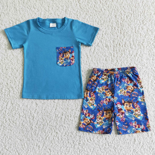 BSSO0059 Boys Blue Paw Pocket Short Sleeve Shorts Set