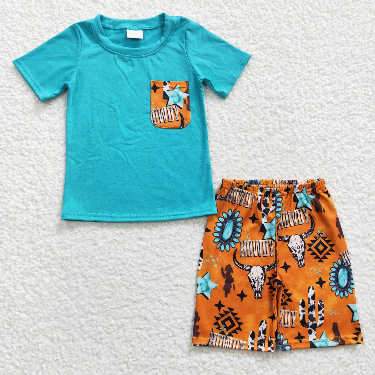 RTS NO MOQ BSSO0140 Boys howdy bull head blue pocket short-sleeved shorts suit