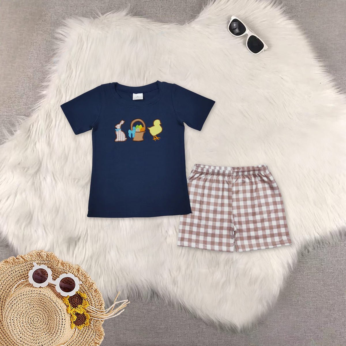 RTS NO MOQ Sibling baby boy clothes embroidery easter short sleeve shorts sets