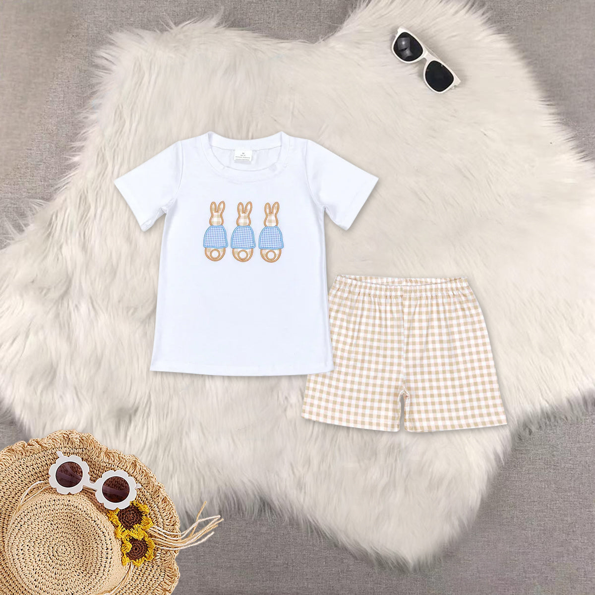 RTS NO MOQ Sibling baby boy clothes embroidery easter short sleeve shorts sets