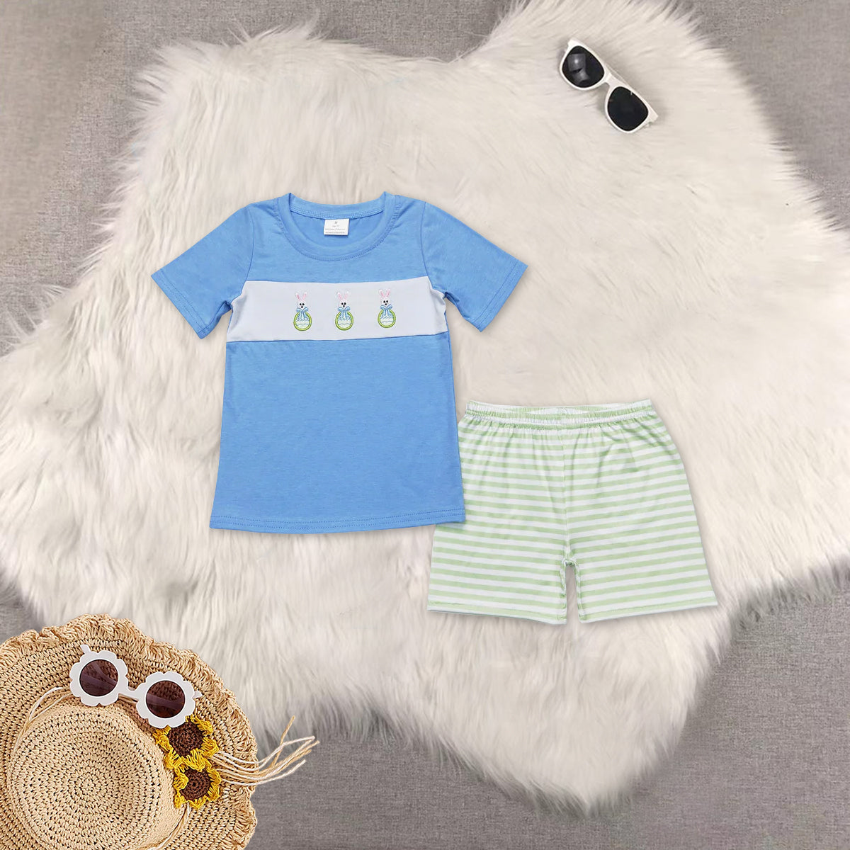 RTS NO MOQ Sibling baby boy clothes embroidery easter short sleeve shorts sets