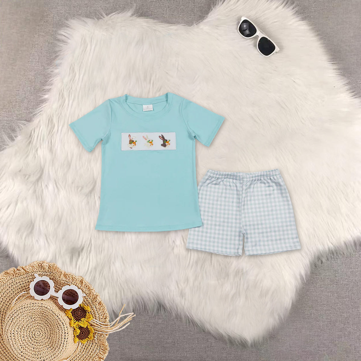 RTS NO MOQ Sibling baby boy clothes embroidery easter short sleeve shorts sets