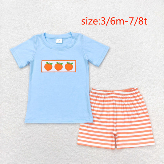 BSSO0417 Embroidered orange blue short sleeve orange and white striped shorts suit