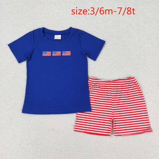 rts no moq BSSO0434 Embroidered flag blue short sleeve red and white striped shorts set