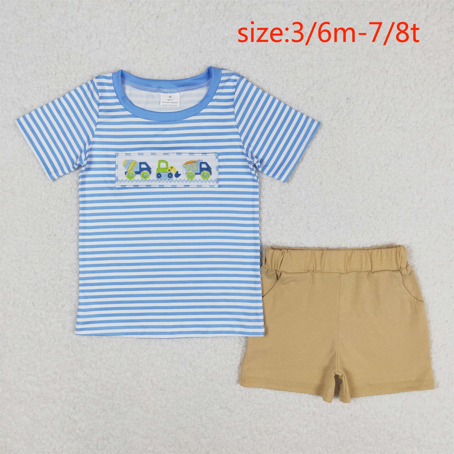 rts no moq BSSO0572 Embroidered engineering vehicle blue and white striped short-sleeved brown shorts suit