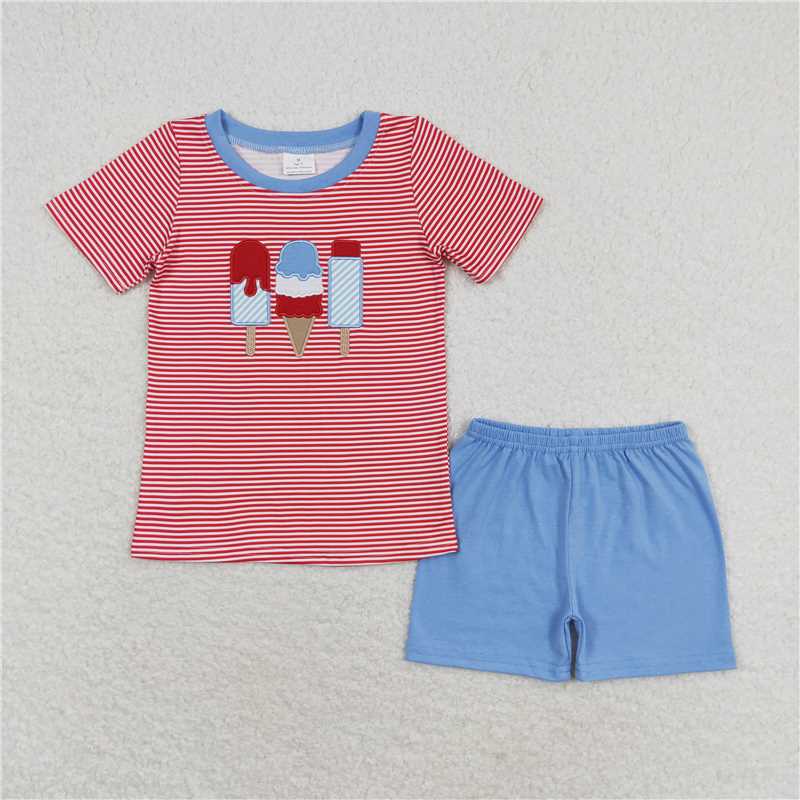 RTS NO MOQ baby boys clothes embroidery ice cream short sleeve Clothes Sets dress