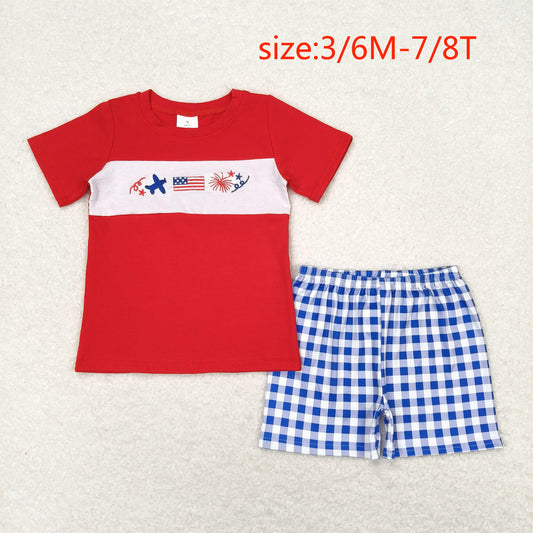 RTS no moq BSSO0584 Embroidery airplane flag fireworks red short-sleeved blue and white plaid shorts suit
