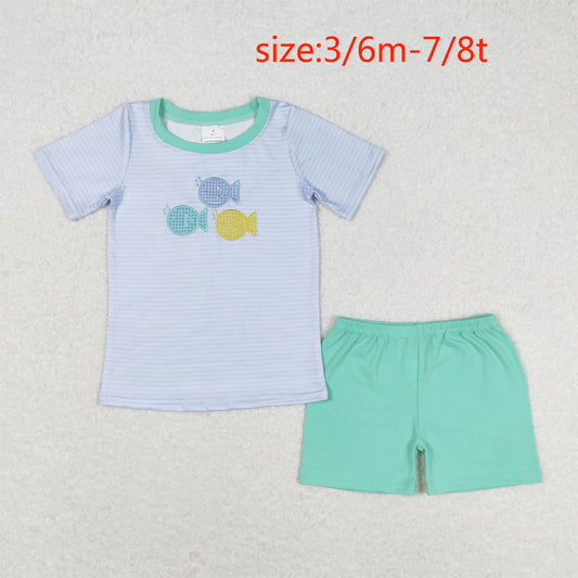 RTS NO MOQ（In Stock) Embroidered fish striped short-sleeved teal shorts suit