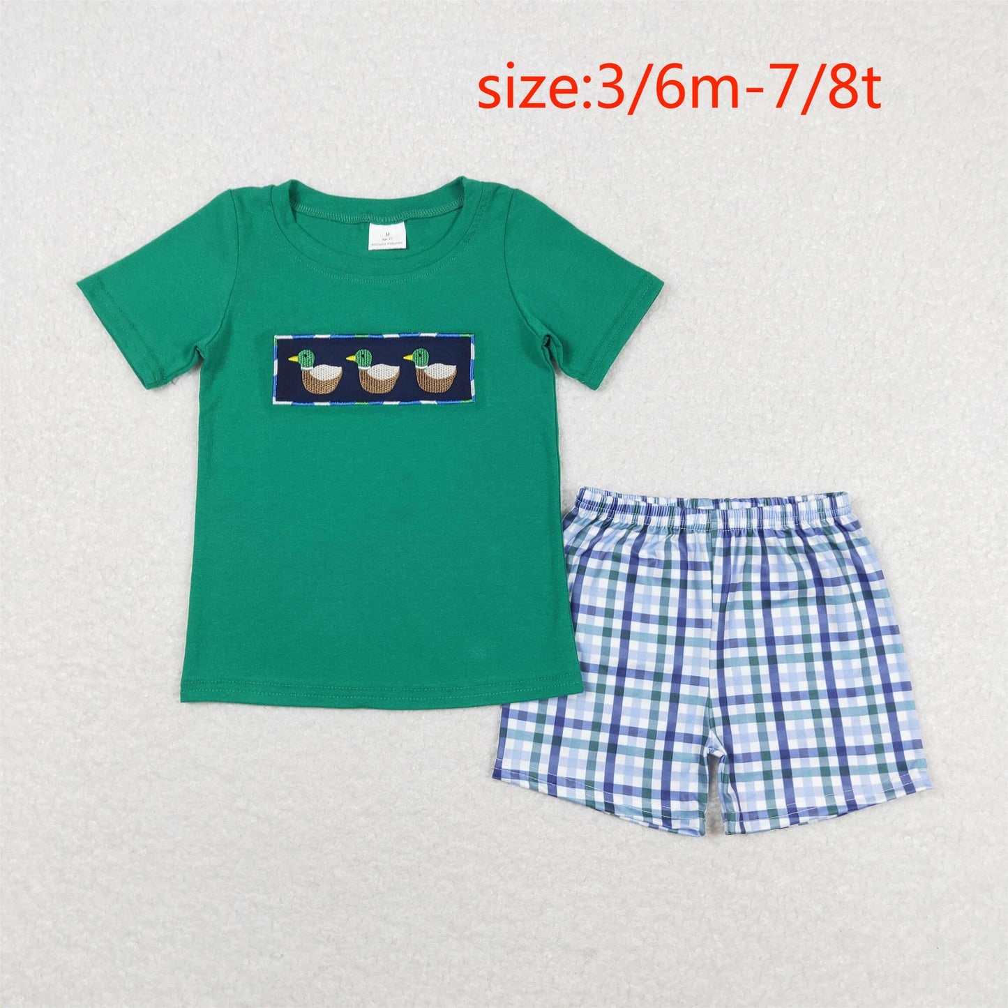 rts no moq BSSO0589 Embroidered duck green short-sleeved plaid shorts suit