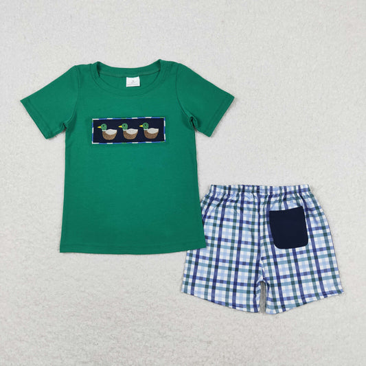 rts no moq BSSO0589 Embroidered duck green short-sleeved plaid shorts suit
