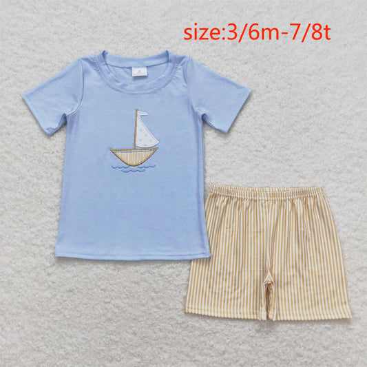 BSSO0602 Embroidered Sailing Blue Short Sleeve Yellow Striped Shorts Set