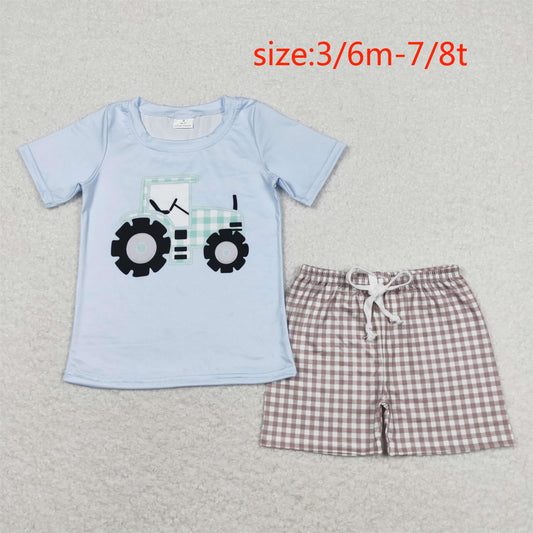 BSSO0610 Tractor blue short-sleeved brown plaid shorts suit