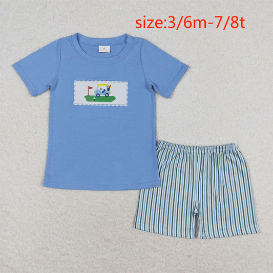 rts no moq BSSO0616 Embroidered golf cart blue short-sleeved striped shorts suit