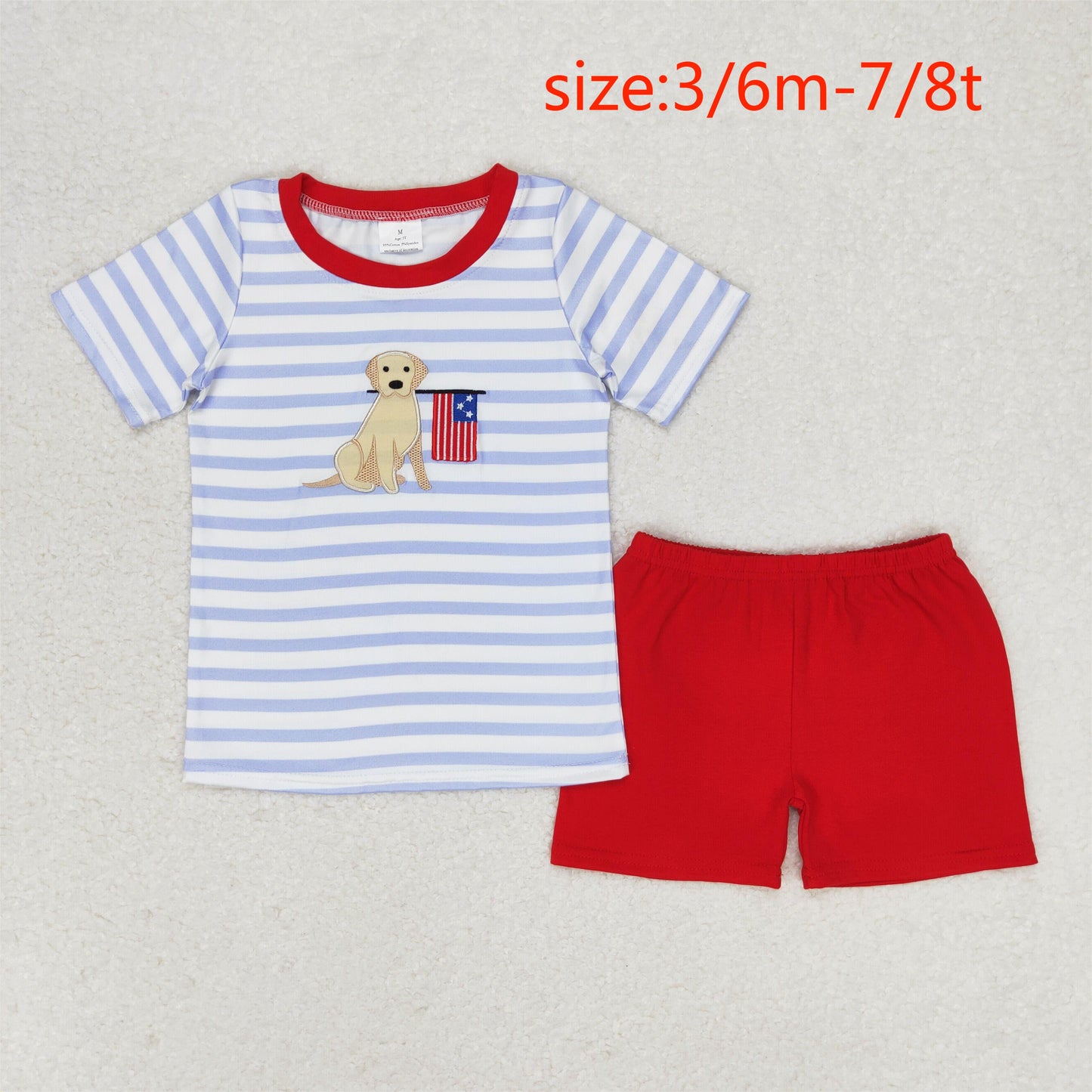 RTS no moq BSSO0619 Embroidered puppy flag striped short-sleeved red shorts suit