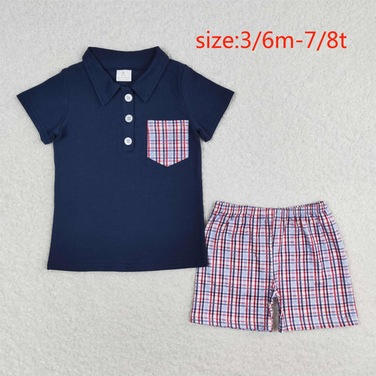 rts no moq BSSO0628 Red and blue plaid pocket navy blue short-sleeved shorts suit