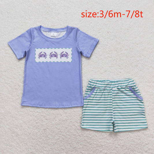 BSSO0637 Crab blue short sleeve green striped shorts suit