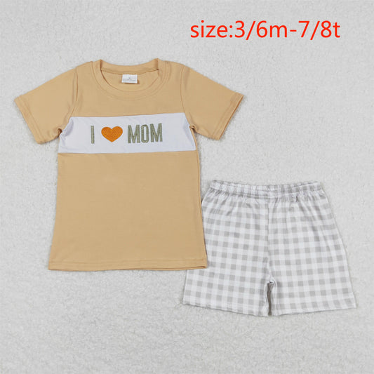 BSSO0646 I love mom embroidered short sleeve green plaid shorts suit