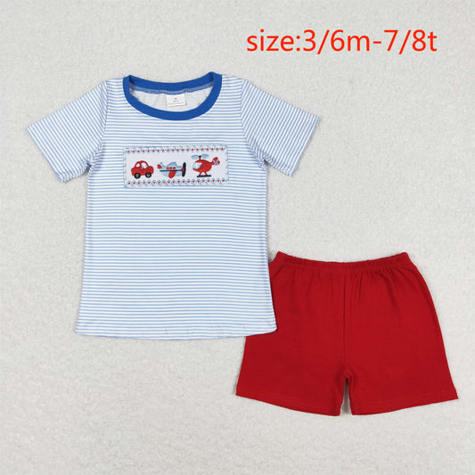 rts no moq BSSO0649 Embroidery Car Plane Helicopter Blue Striped Short Sleeve Red Shorts Suit