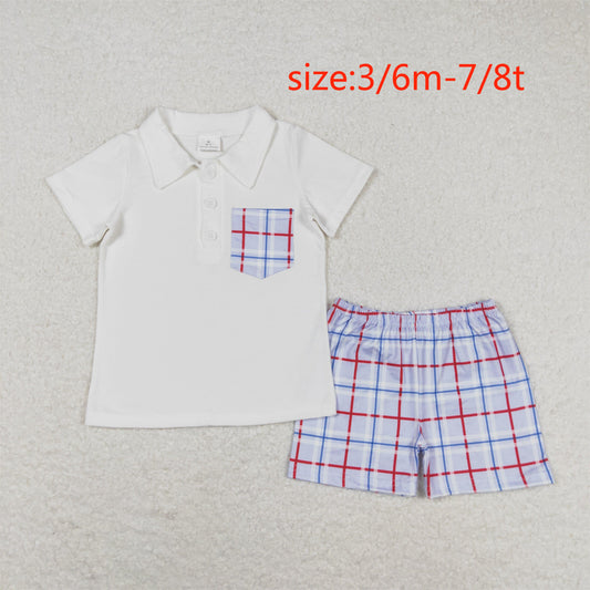 rts no moq BSSO0651 Blue Plaid Pocket White Short Sleeve Shorts Suit