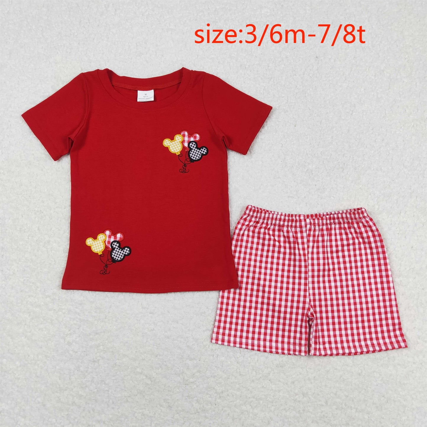 rts no moq BSSO0652 Embroidered Mickey Balloon Red Short Sleeve Plaid Shorts Suit