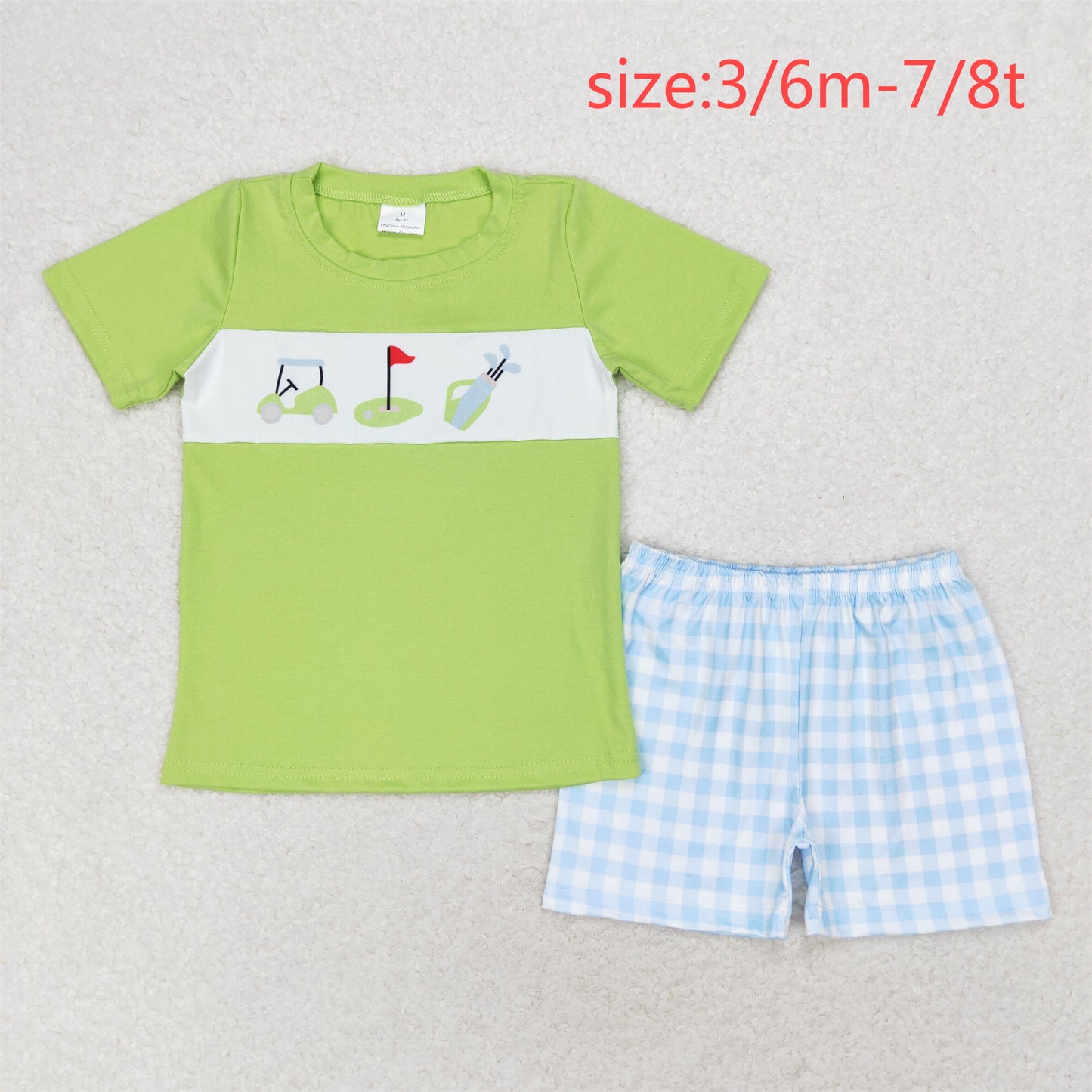RTS NO MOQ（In Stock) golf sightseeing car green short sleeve blue plaid shorts set