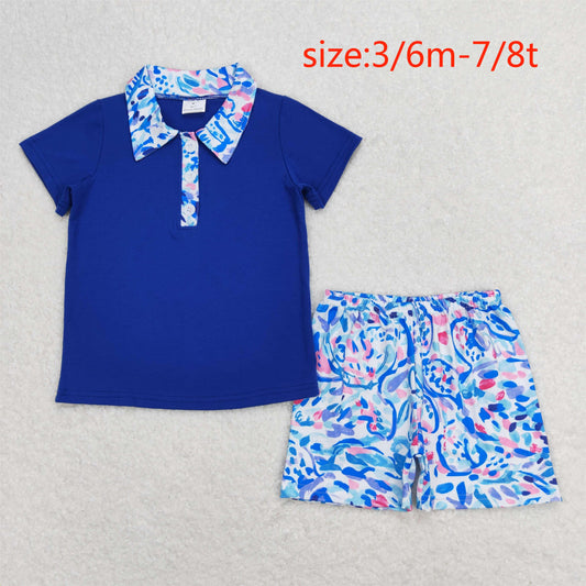 BSSO0673 Patterned collar navy blue short-sleeved shorts suit