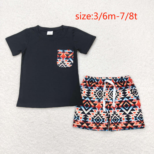 RTS no moq BSSO0678 Geometric pocket black short sleeve shorts suit