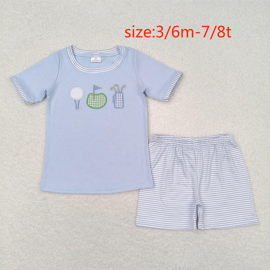 BSSO0686 Embroidered golf flag blue short-sleeved striped shorts suit