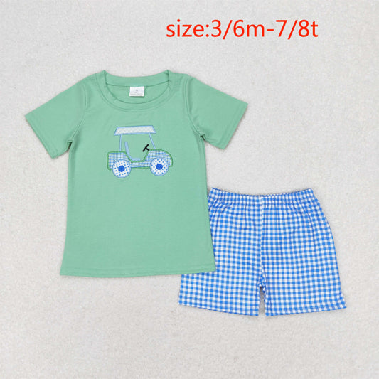 rts no moq BSSO0692 Embroidered sightseeing car blue and green short-sleeved plaid shorts suit