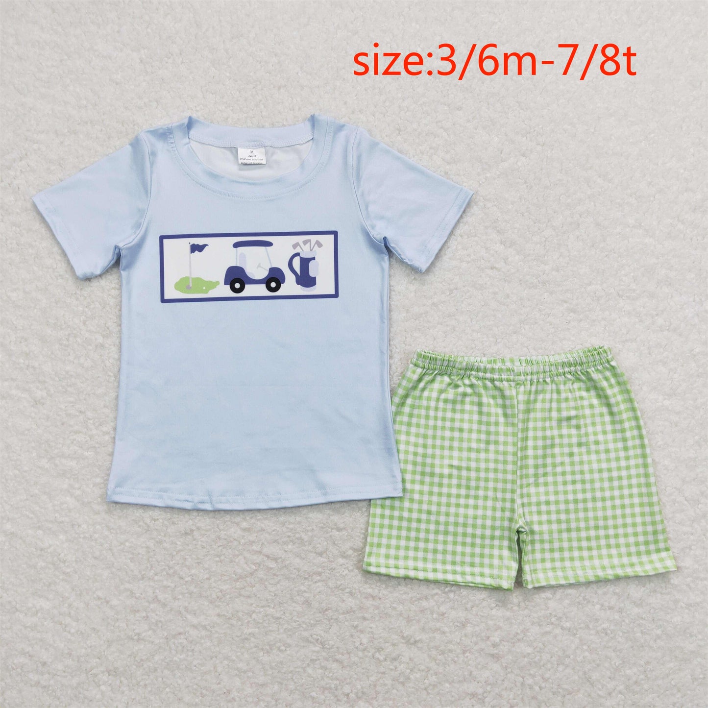 BSSO0697 Golf sightseeing car blue short-sleeved green plaid shorts suit