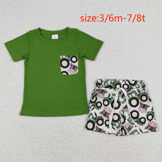 BSSO0703 Tractor Cow Head Pocket Green Short Sleeve Shorts Suit