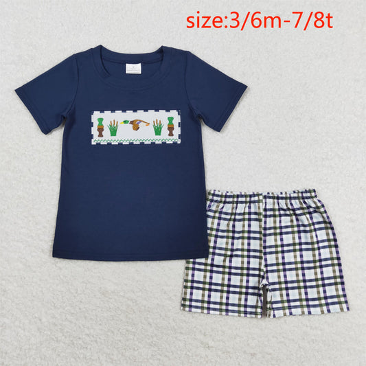 rts no moq BSSO0710 Embroidered Bottle Duck Navy Blue Short Sleeve Plaid Shorts Set