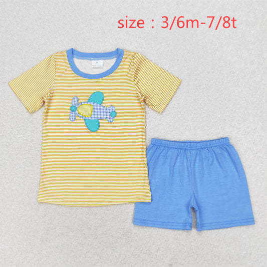 rts no moq BSSO0724 Embroidered airplane stripes yellow short sleeves blue shorts set