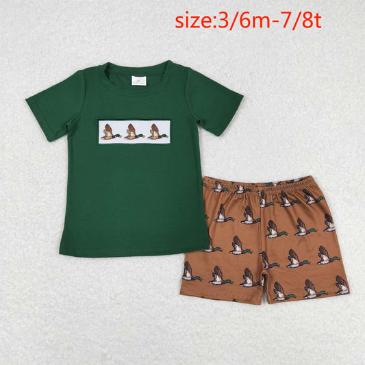 RTS no moq BSSO0735 Embroidered duck dark green short-sleeved brown shorts suit