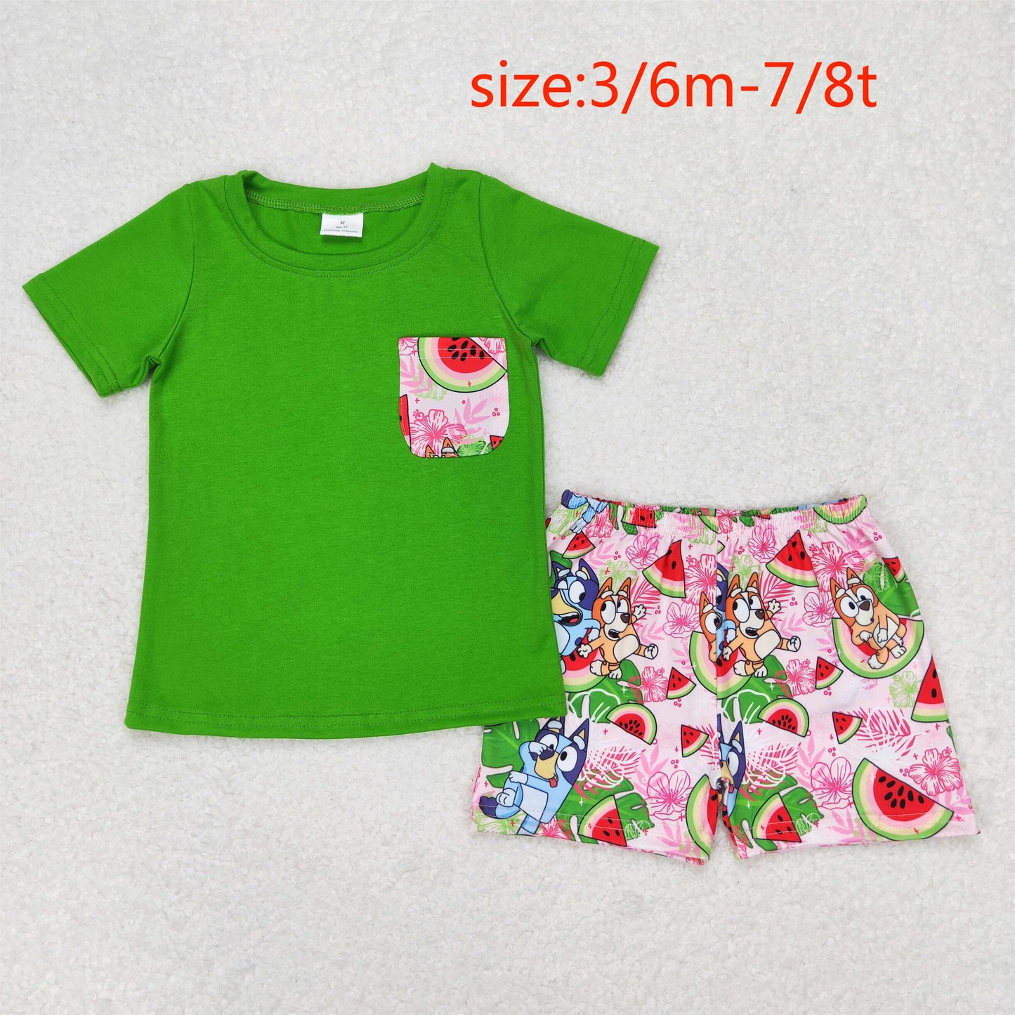 rts no moq BSSO0743 bluey cartoon watermelon pocket green short-sleeved shorts suit