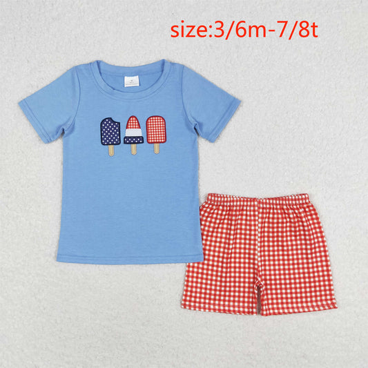 rts no moq BSSO0744 Embroidery popsicle blue short-sleeved red plaid shorts suit