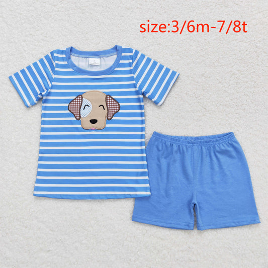 BSSO0746 Embroidered puppy blue striped short-sleeved shorts suit