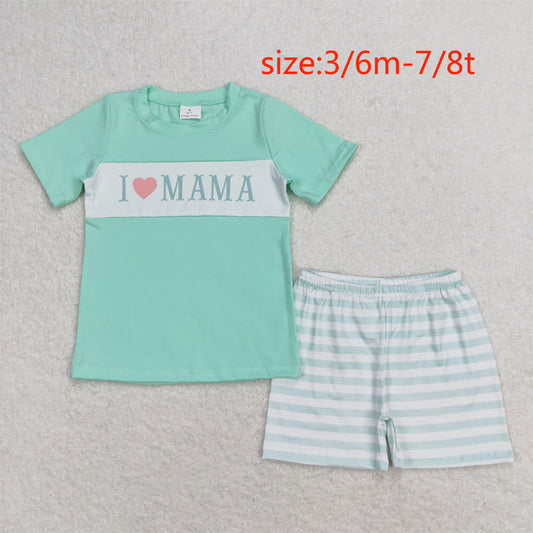 BSSO0751 I love mama lettering teal short-sleeved striped shorts suit