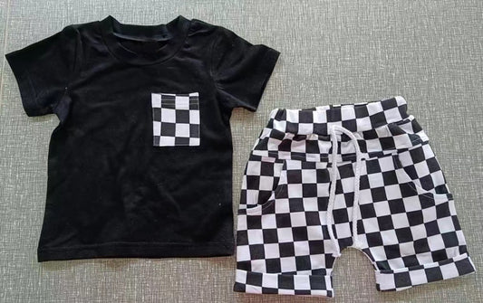 BSSO0852 pre-order baby boy clothes black white gingham toddler boy summer outfits