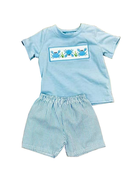 BSSO0765 pre-order baby boy clothes Crab blue stripes toddler boy summer outfits