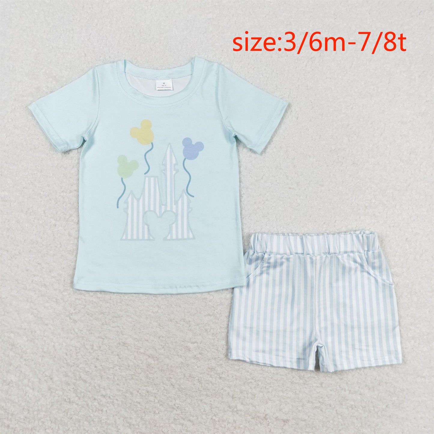 rts no moq BSSO0777 Castle Balloon Blue Short Sleeve Striped Shorts Set